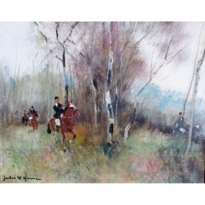 Cavaliers Dans Les Bois, La Chasse Paysage Animée Huile Sur Toile Peinture Par Jules René Hervé