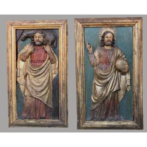 Christ Pasteur Et Christ En Majesté-haut-relief - Bois Sculpté Et Doré - 17eme Sud De La France