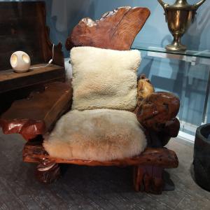 Very Large American Armchair - Wood, Bramble, Root And Sheep - Circa 1960