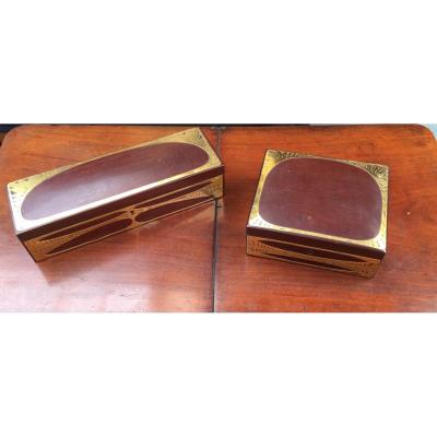 Box And Box Gloves-art Nouveau-mahogany Massif And Gold Brass