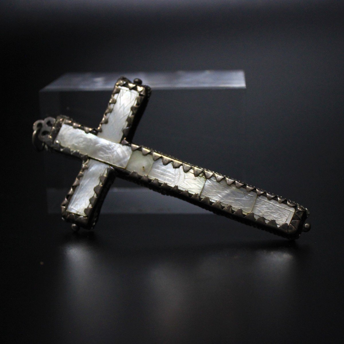 Rare Croix Crucifix Nonne Jésus Christ Nacre Gravée + Argent XVIII Cent.-photo-1