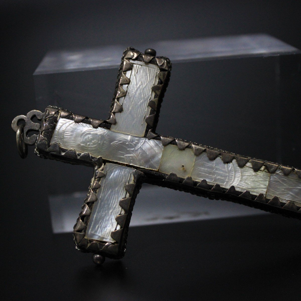 Rare Croix Crucifix Nonne Jésus Christ Nacre Gravée + Argent XVIII Cent.-photo-2