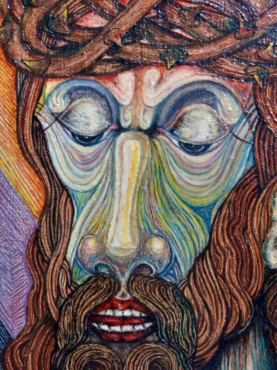 Rare Peinture Psychédélique De Jésus-christ Des Années 1970 - A. Zore - Acrylique Sur Panneau D-photo-1