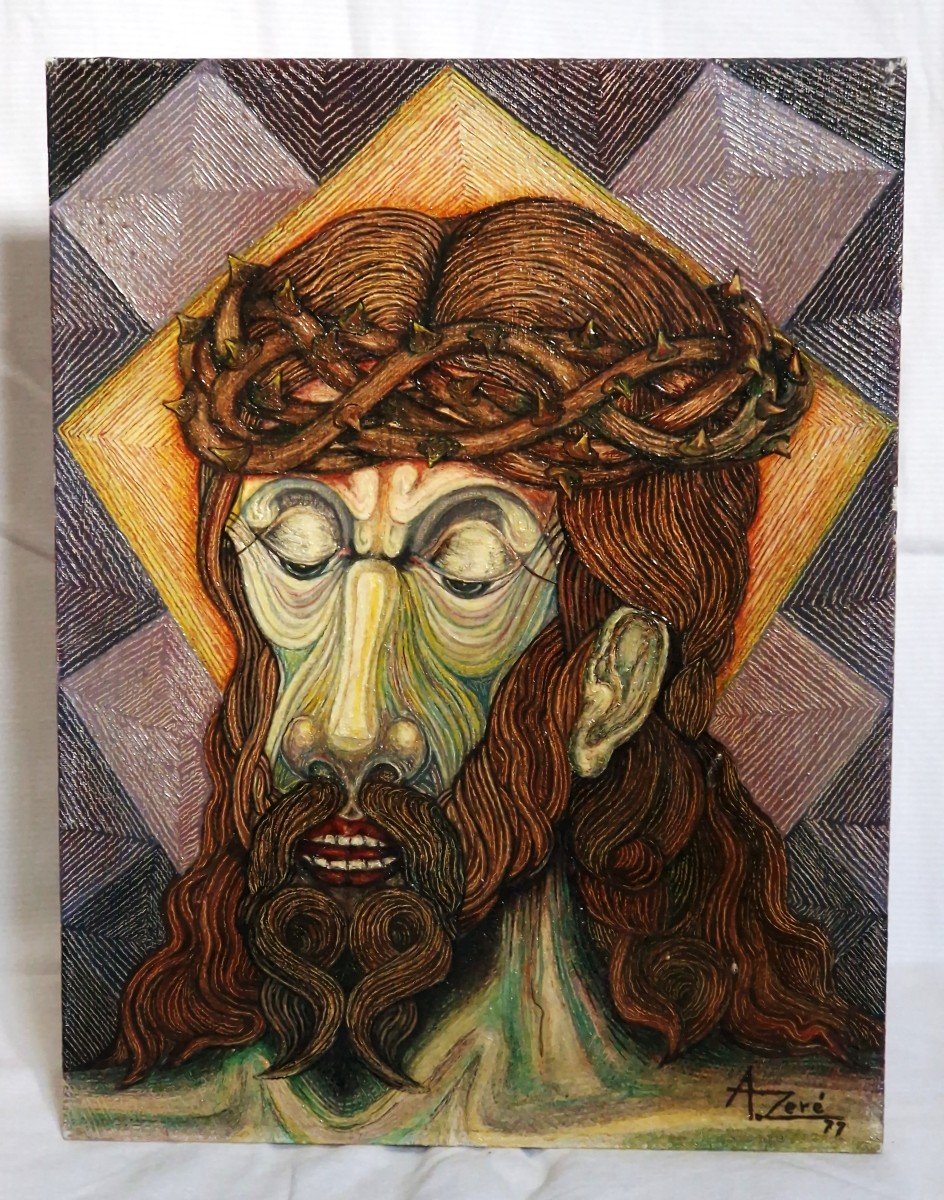 Rare Peinture Psychédélique De Jésus-christ Des Années 1970 - A. Zore - Acrylique Sur Panneau D