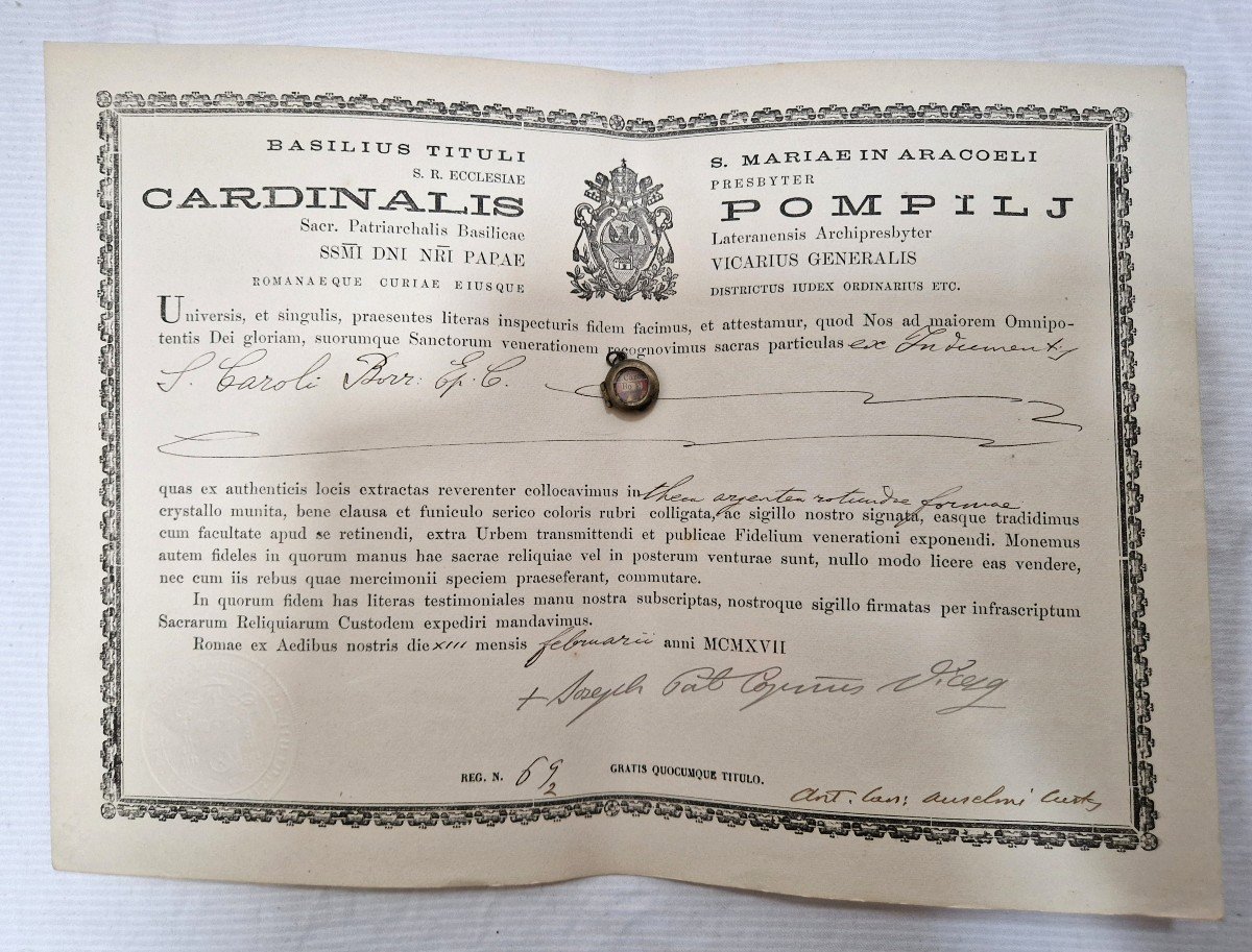 Reliquaire En Argent Relique Sainte St Charles Borromée + Document Coa-photo-3