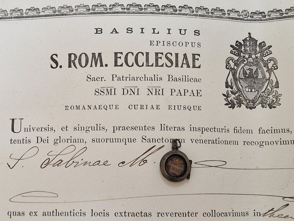 Reliquaire En Argent (ex Ossibus) Sainte Relique Sainte Sabine Martyre + Document Coa