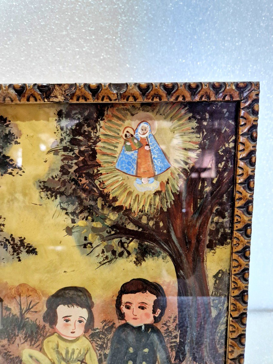 Peinture Ex-voto Sous Verre Du XIXe Siècle, Scène De Bénédiction Avec La Vierge Et Le Couple-photo-2