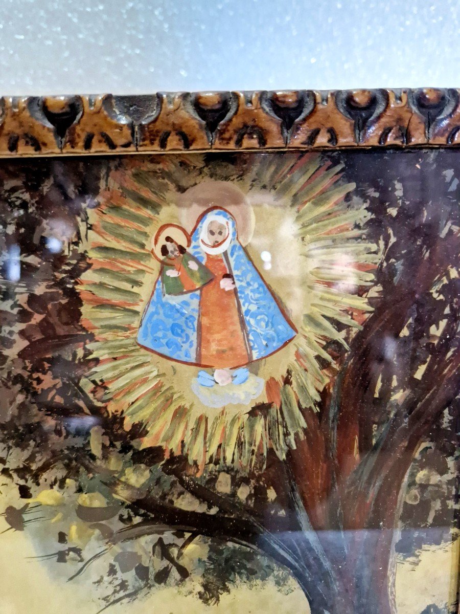 Peinture Ex-voto Sous Verre Du XIXe Siècle, Scène De Bénédiction Avec La Vierge Et Le Couple-photo-4