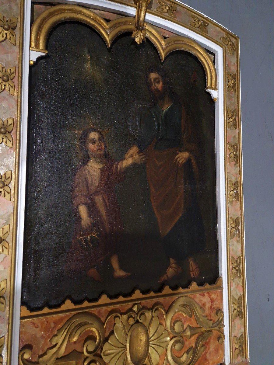 Triptyque Saint Joseph Et l'Enfant / Saint Antoine Peinture Espagnole Du XVIIIe Siècle Huile Su-photo-3