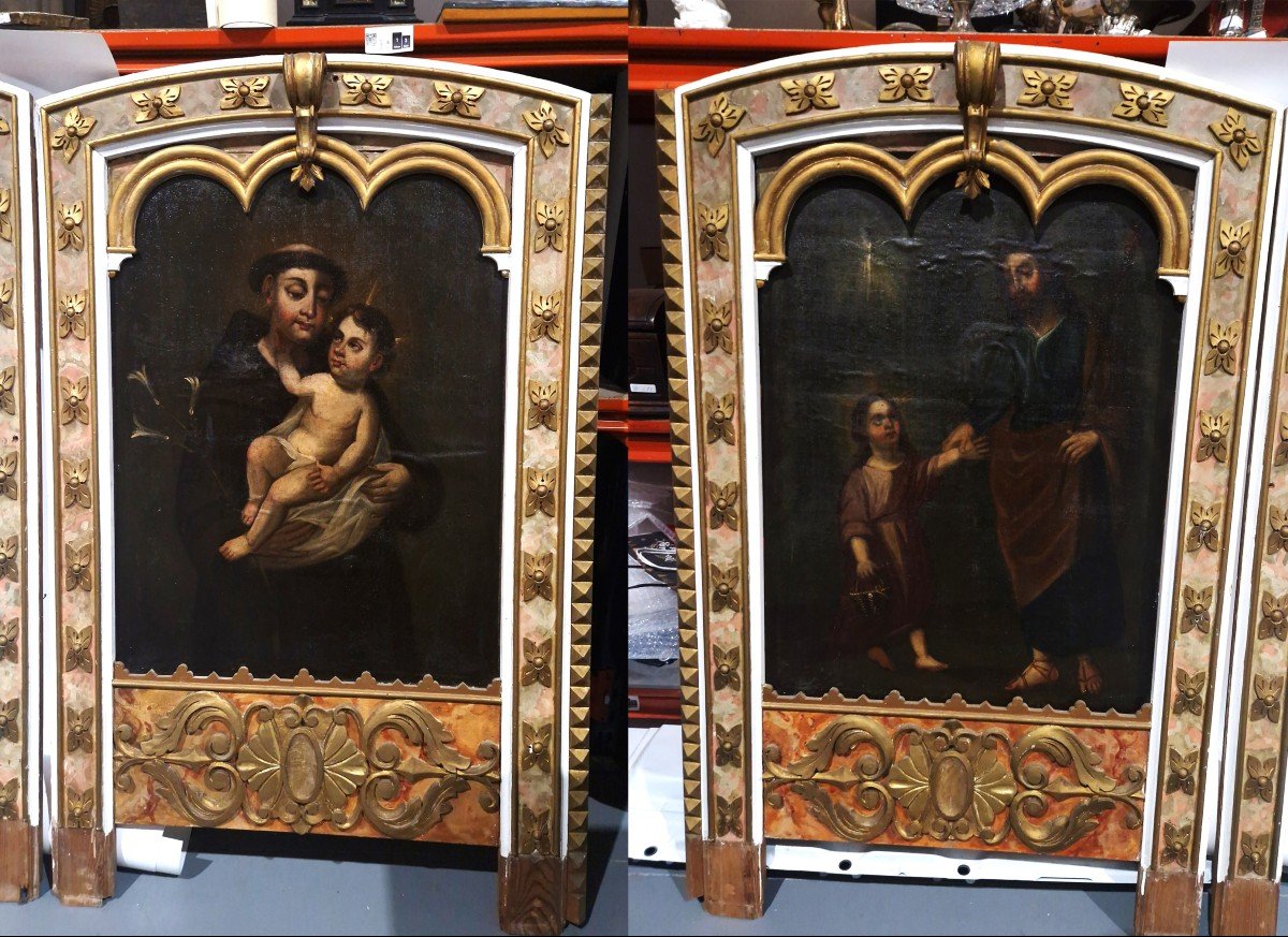 Triptyque Saint Joseph Et l'Enfant / Saint Antoine Peinture Espagnole Du XVIIIe Siècle Huile Su