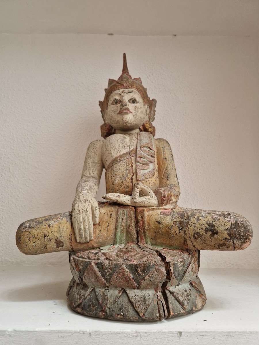 Statue De Bouddha Antique Rare Du XIXe Siècle En Bois De Birmanie « Touchant La Terre » 50 Cm-photo-2