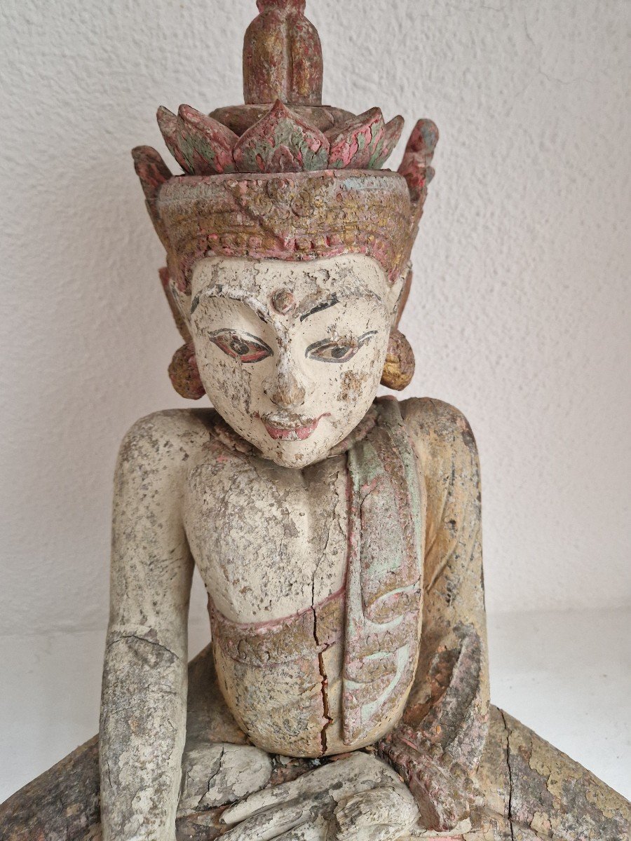 Statue De Bouddha Antique Rare Du XIXe Siècle En Bois De Birmanie « Touchant La Terre » 50 Cm-photo-3