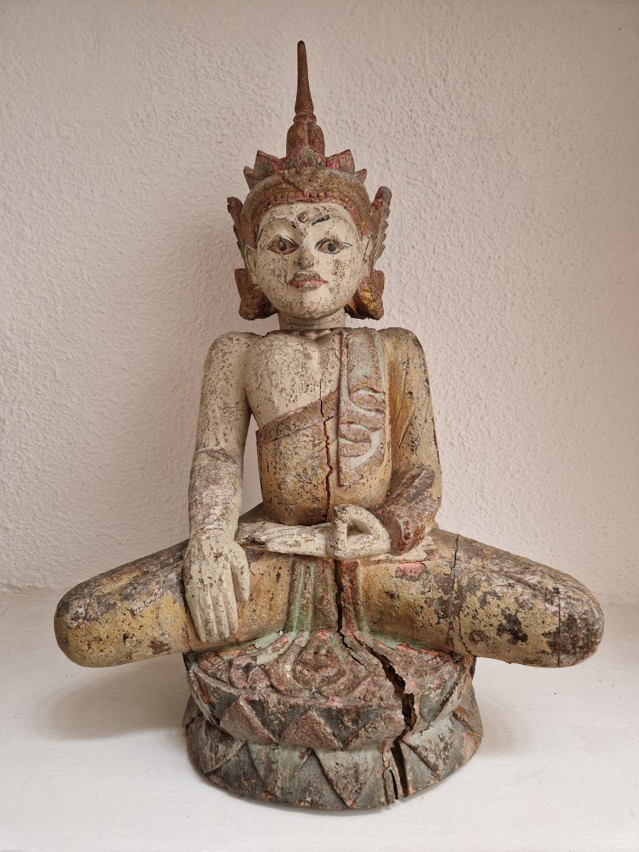 Statue De Bouddha Antique Rare Du XIXe Siècle En Bois De Birmanie « Touchant La Terre » 50 Cm-photo-4