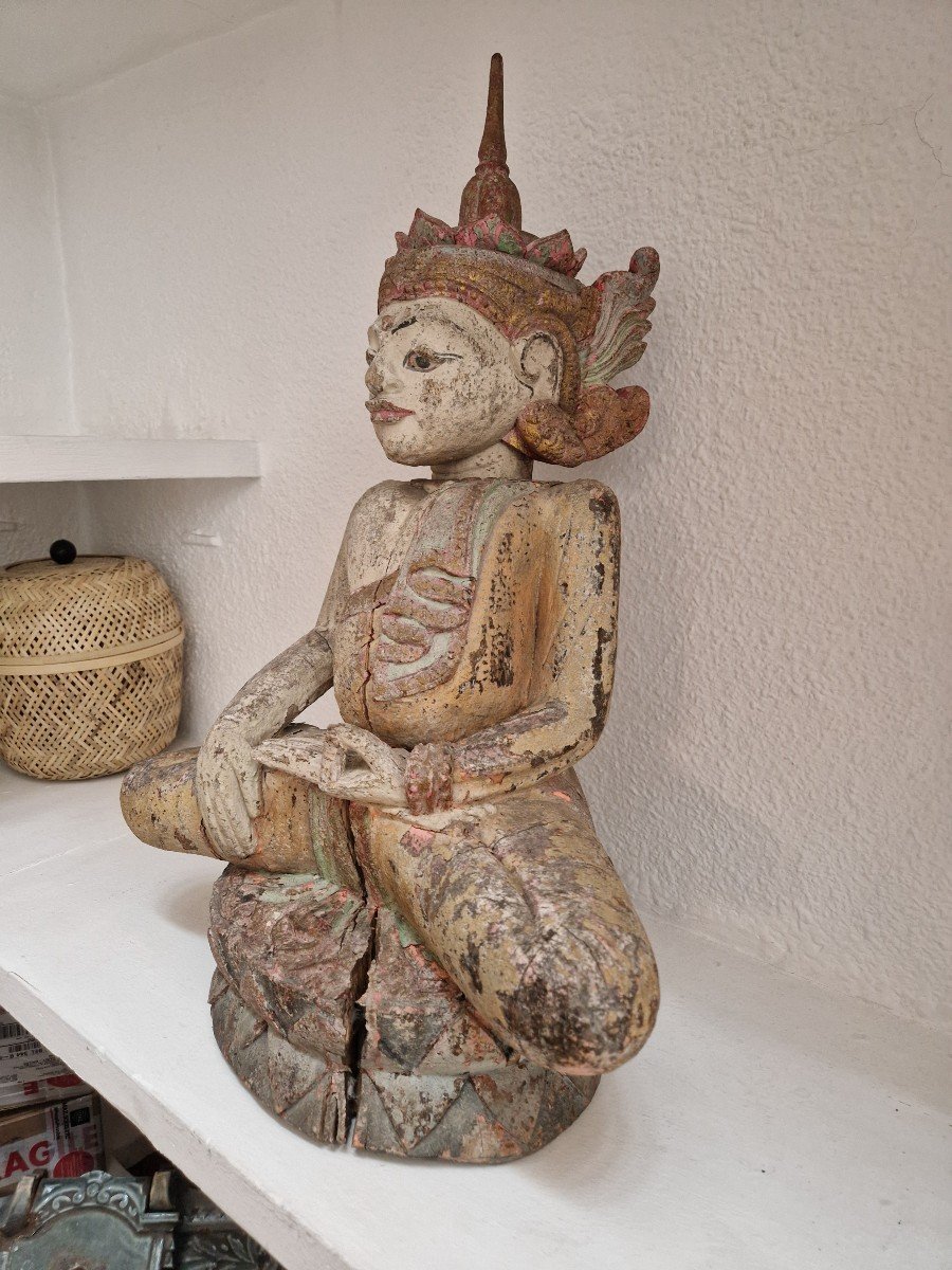 Statue De Bouddha Antique Rare Du XIXe Siècle En Bois De Birmanie « Touchant La Terre » 50 Cm-photo-5