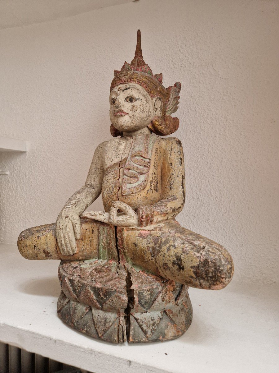 Statue De Bouddha Antique Rare Du XIXe Siècle En Bois De Birmanie « Touchant La Terre » 50 Cm-photo-8