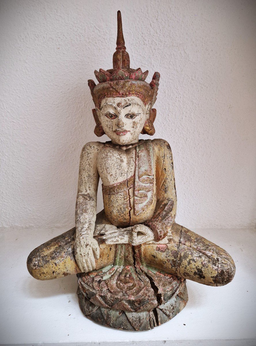 Statue De Bouddha Antique Rare Du XIXe Siècle En Bois De Birmanie « Touchant La Terre » 50 Cm