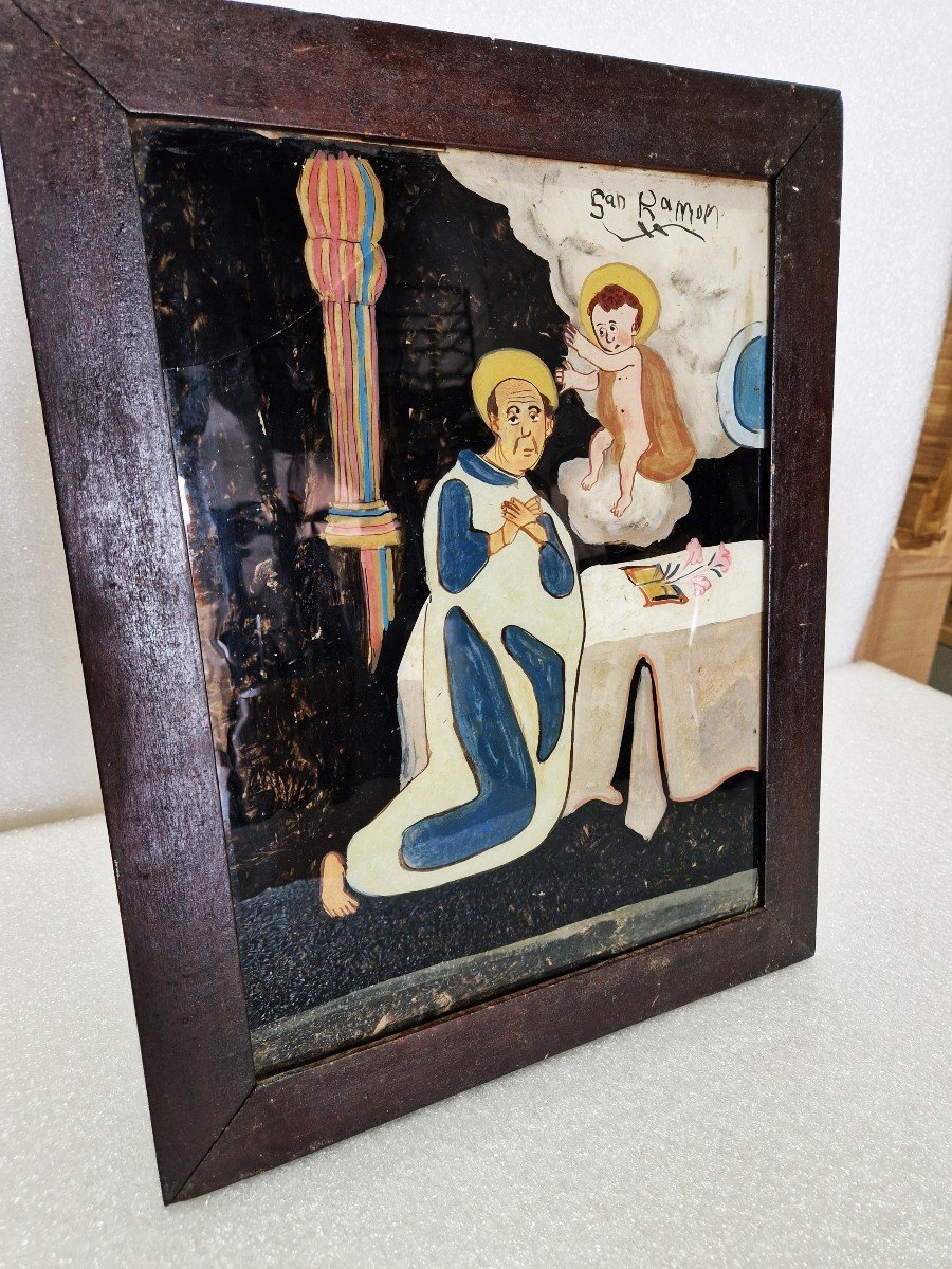 Ex-voto Sous Verre Représentant San Ramón, XIXe Siècle, Art Populaire, Espagne-photo-3