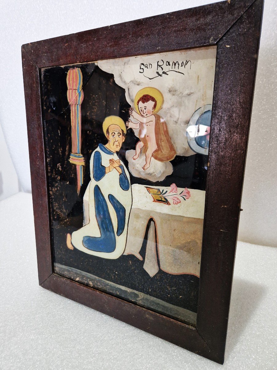 Ex-voto Sous Verre Représentant San Ramón, XIXe Siècle, Art Populaire, Espagne-photo-3