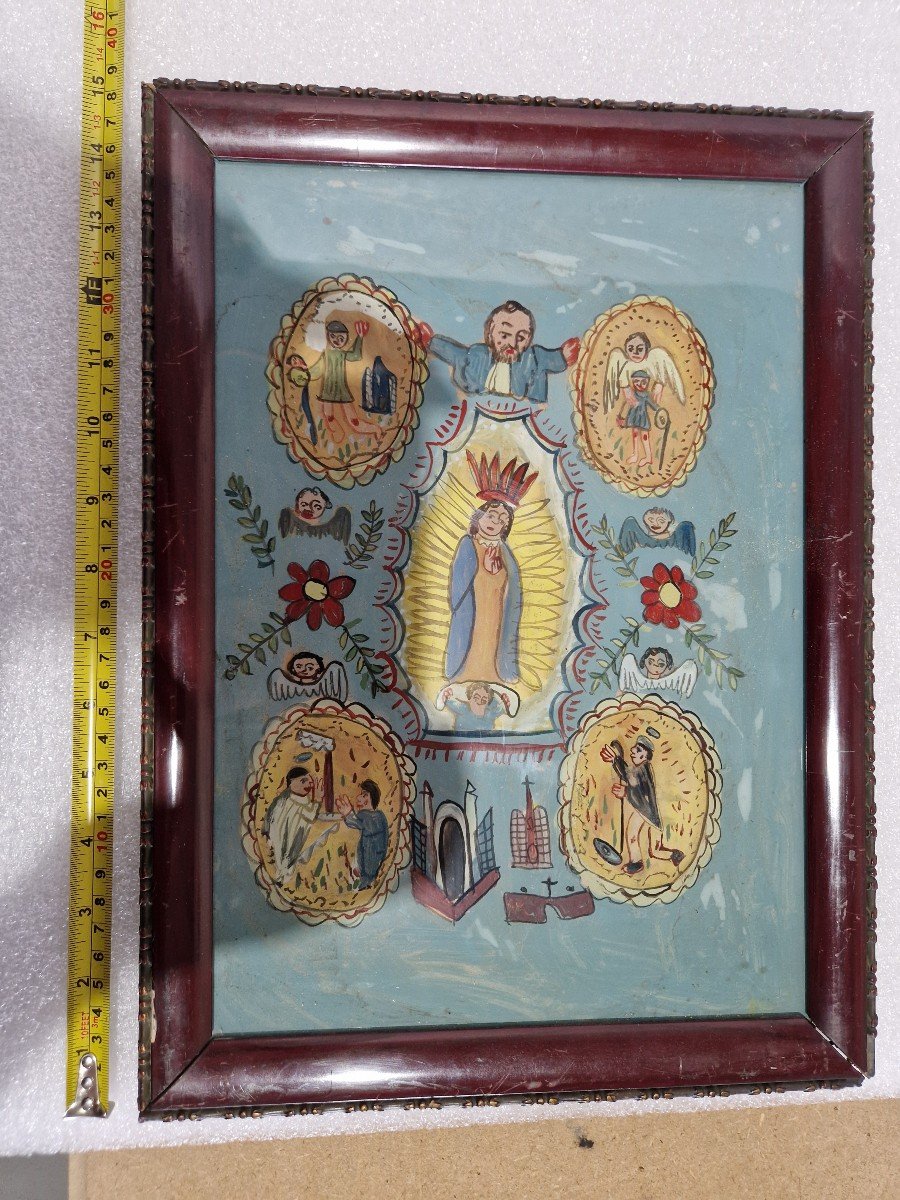 19th Cent. Reverse Glass Ex-voto Painting Of The Immaculate Conception-photo-3