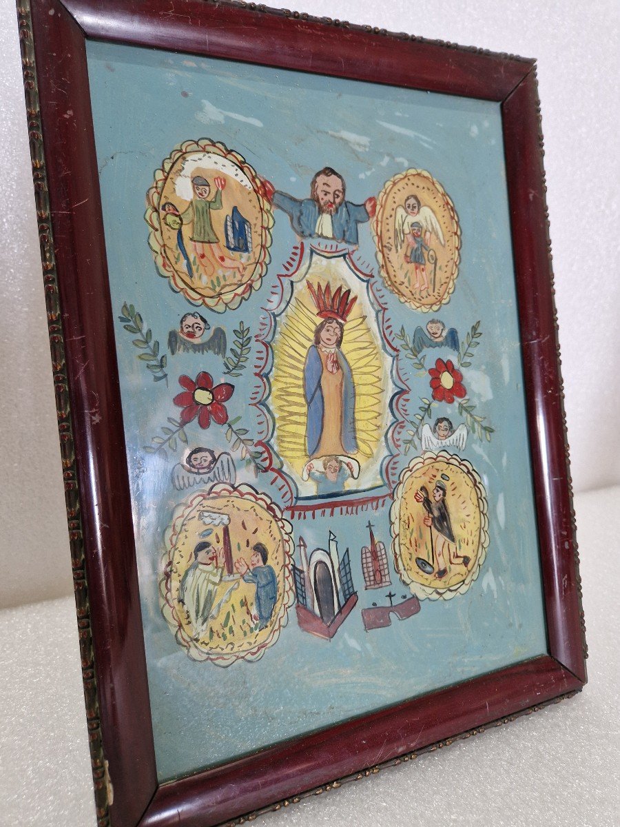 19th Cent. Reverse Glass Ex-voto Painting Of The Immaculate Conception-photo-7