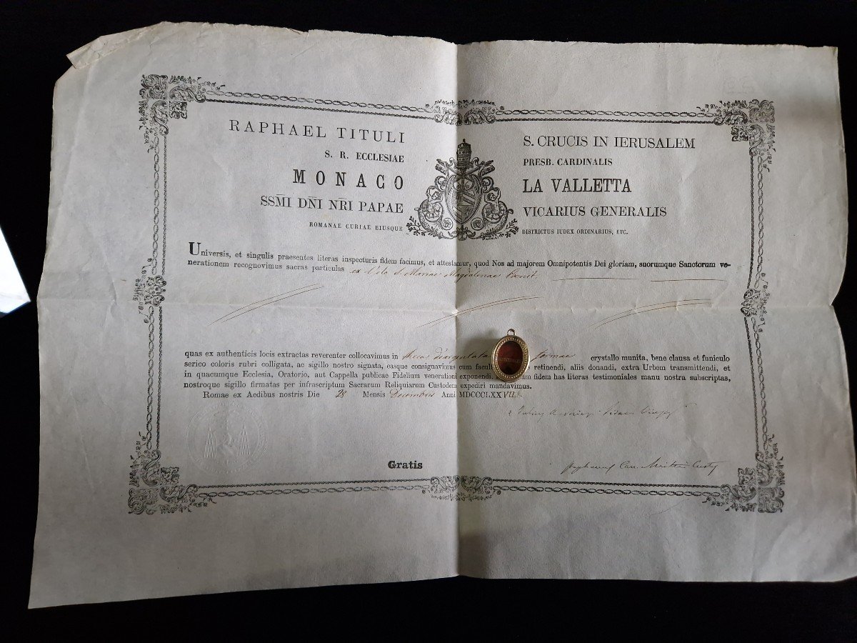 19th C. Relic Ex Velo Of Saint Mary Magdalene + Coa Certificate Document-photo-4