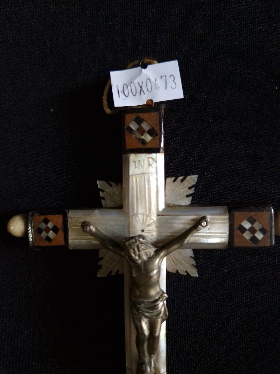 Croix Reliquaire De Pèlerinage Reliques De La Passion XIXe Siècle Bois d'Olivier Et Nacre-photo-2