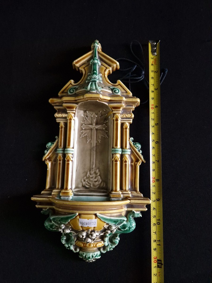 Antique Français Hb Choisy Le Roi Majolica Holy Water Font - Design Gothique.-photo-2