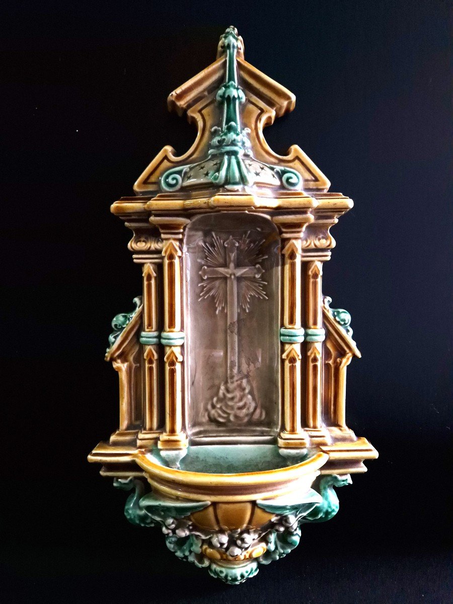 Antique Français Hb Choisy Le Roi Majolica Holy Water Font - Design Gothique.-photo-5