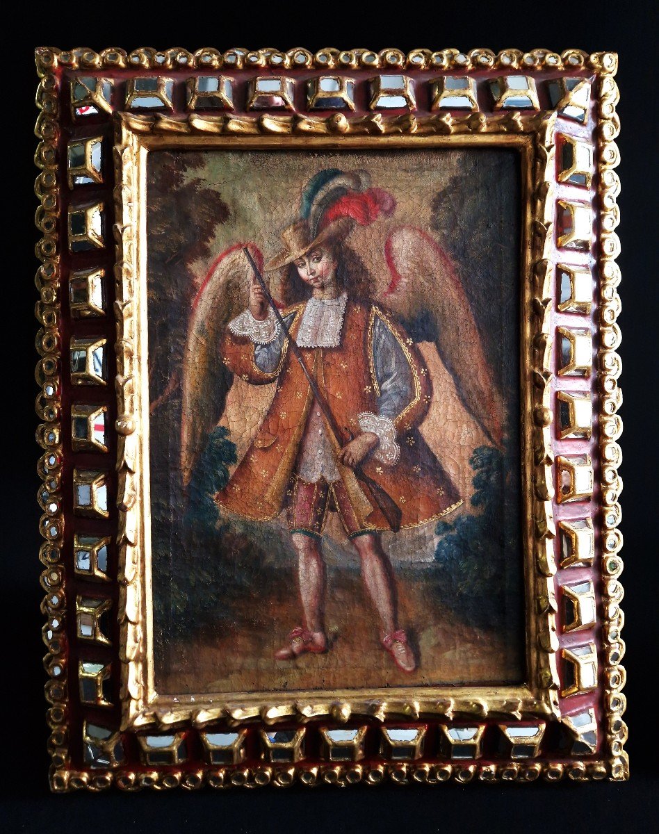 18th Century Cusco Colonial Painting Angel Arcabucero, Oil On Canvas + Glass Frame