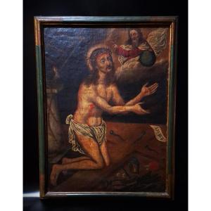 18th Century Religious Painting Of Jesus Praying With Passion Symbols, Rare Iconography