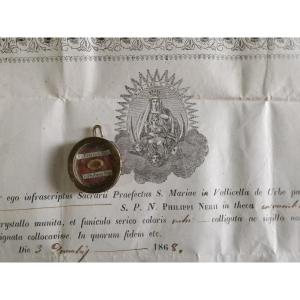 XIXe Siècle. Reliquaire, Relique De Première Classe De Saint Philippe Néri + Document Coa