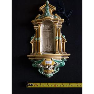 Antique French Hb Choisy Le Roi Majolica Holy Water Font - Gothic Design.