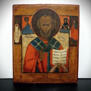 Icon Painting, Ordination Of St. Nicholas, Tempera On Wood, Russia 19th Century