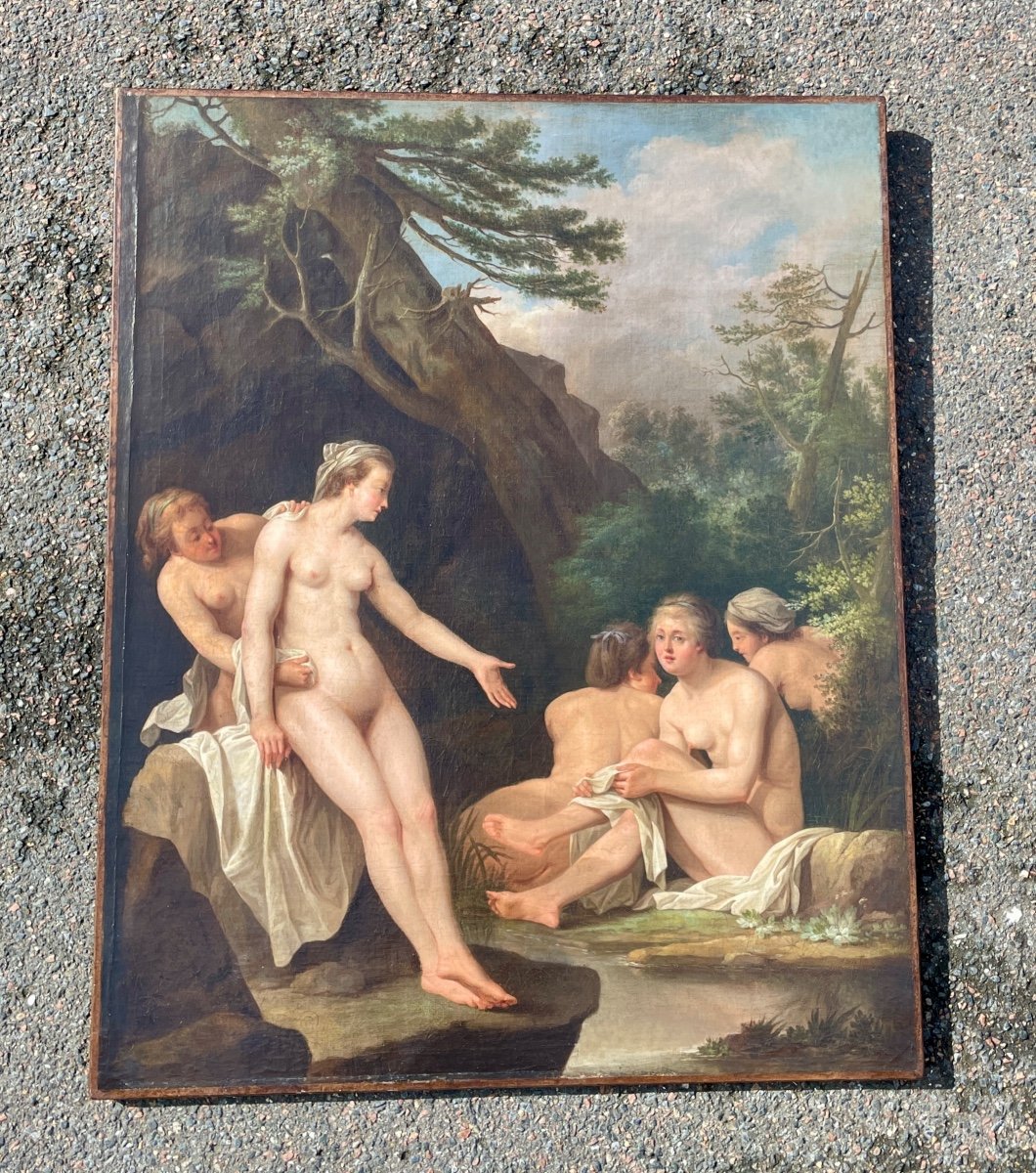 École française ou allemande du XVIIIe siècle - Huile sur toile - Femmes au bain.-photo-3