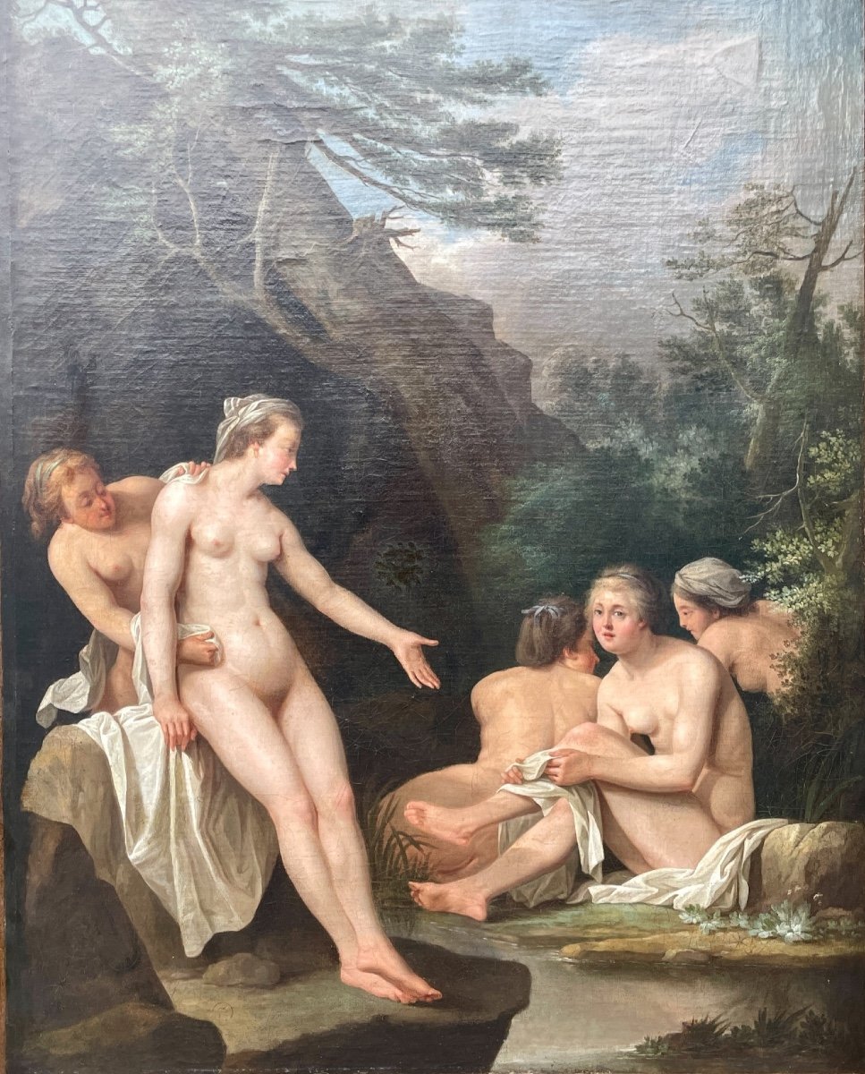 École française ou allemande du XVIIIe siècle - Huile sur toile - Femmes au bain.