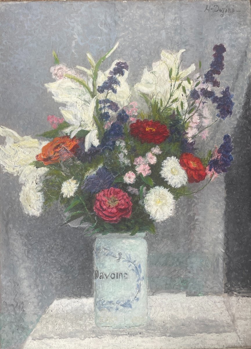 Henry Déziré - Bouquet Of Flowers In An "oatmeal" Pharmacy Pot.