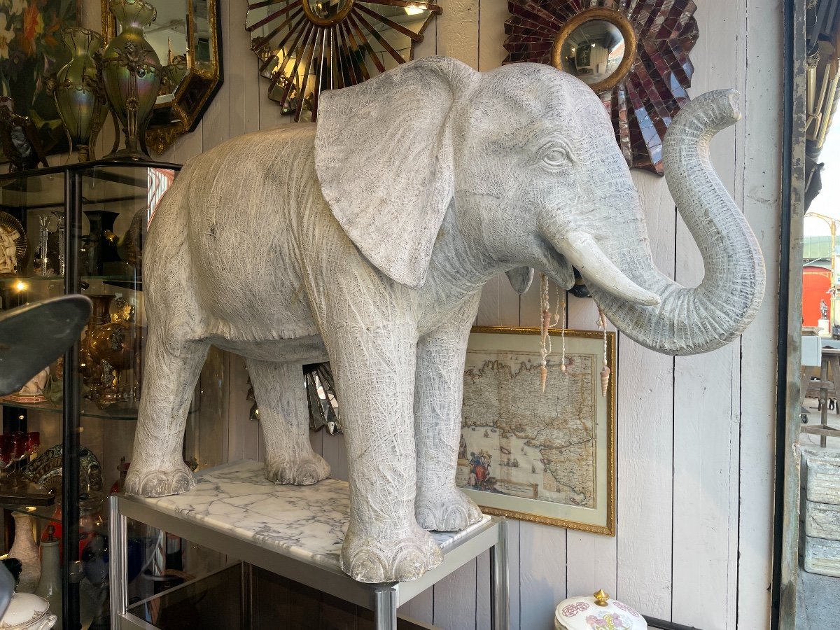 Important Natural African Elephant In Fiber Cement, H 107 Cm.-photo-1