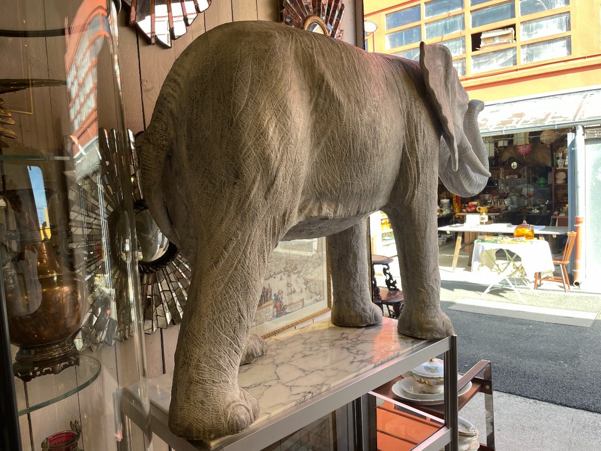 Important Natural African Elephant In Fiber Cement, H 107 Cm.-photo-6