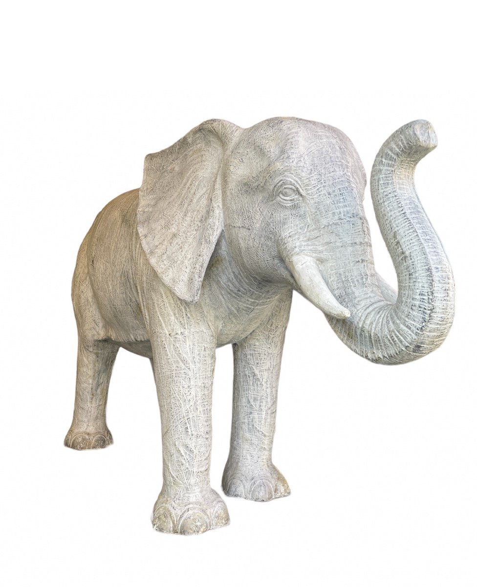 Important Natural African Elephant In Fiber Cement, H 107 Cm.