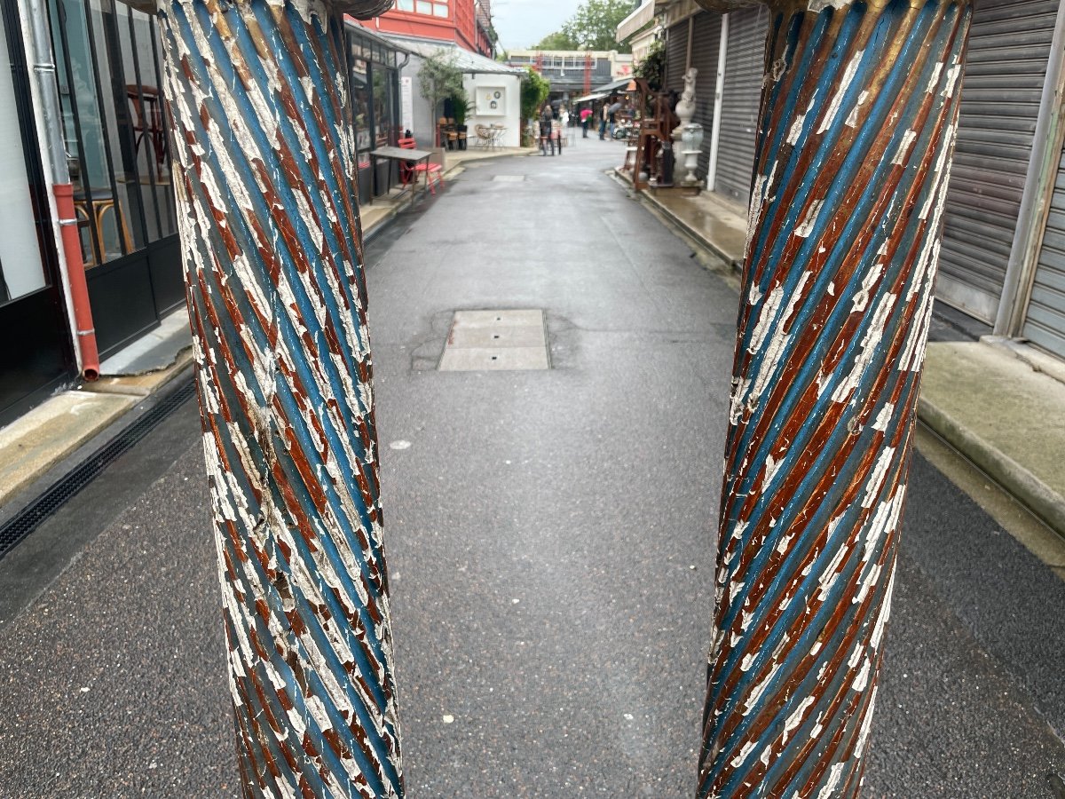 Paire De Colonnes Du XVIIIème Siècle En Bois Sculpté Et Doré à Rechampi Bleu. -photo-2