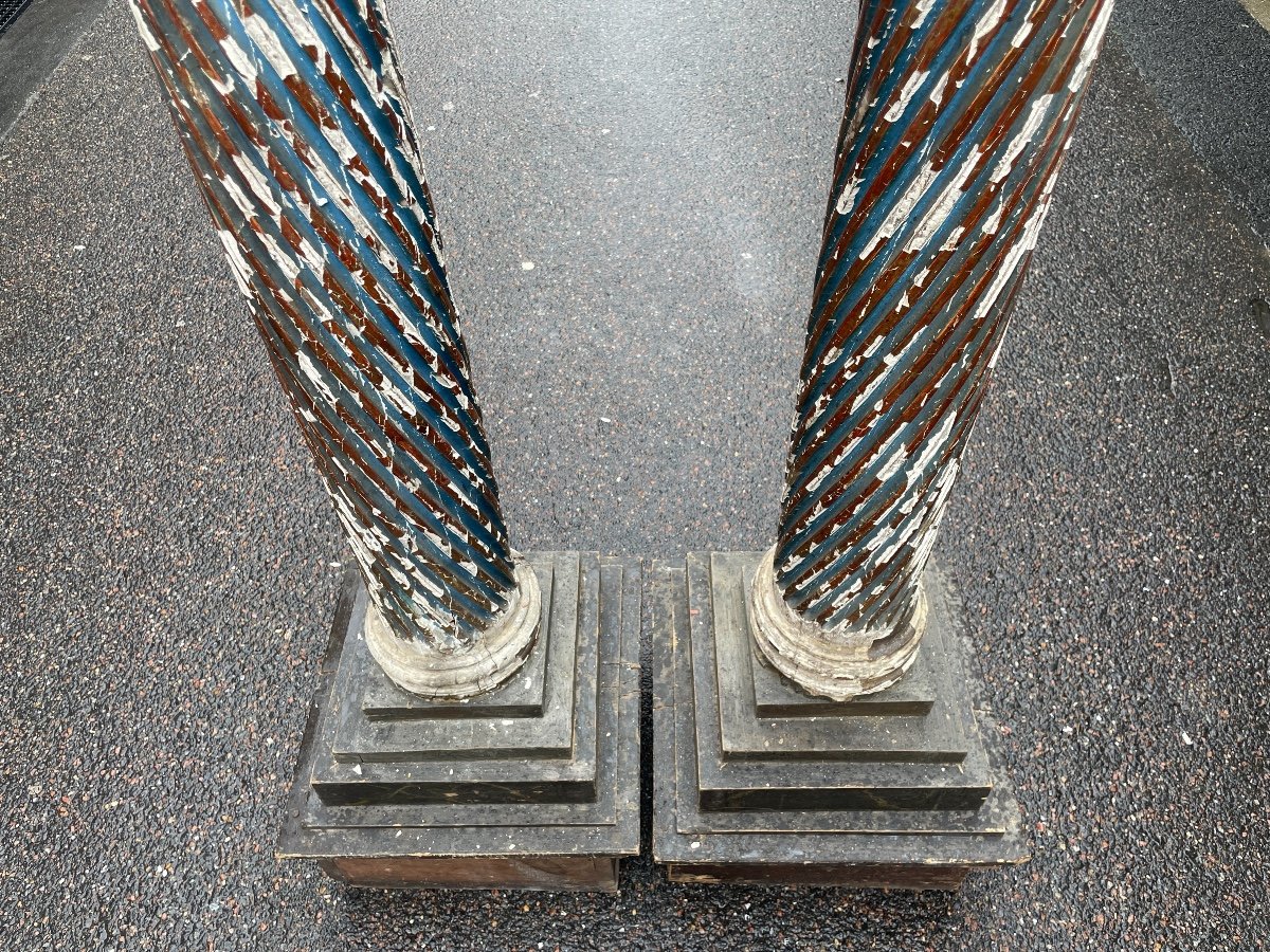 Paire De Colonnes Du XVIIIème Siècle En Bois Sculpté Et Doré à Rechampi Bleu. -photo-3