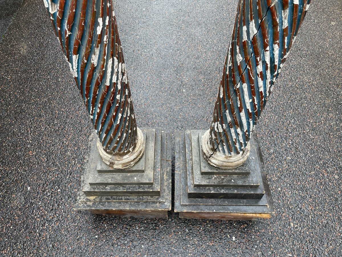 Paire De Colonnes Du XVIIIème Siècle En Bois Sculpté Et Doré à Rechampi Bleu. -photo-6