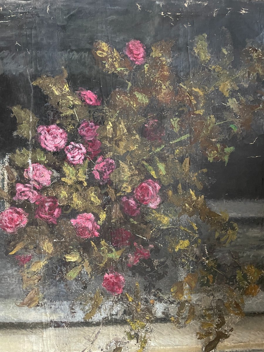 Henry Déziré - Nature Morte Au Vase De Roses Et Au Chapeau. -photo-4