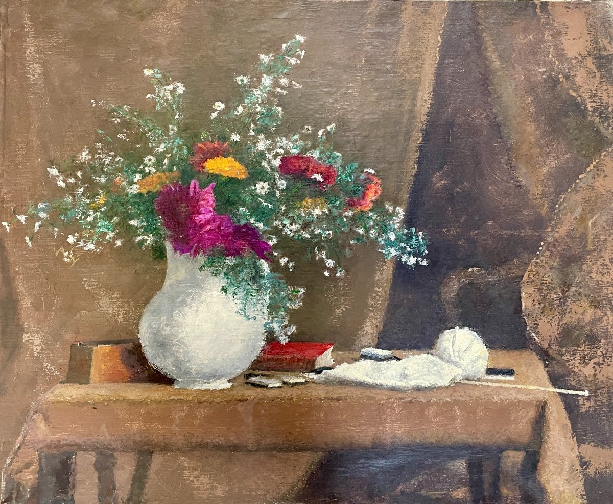 Henry Déziré - Still Life With Vase Of Flowers And Knitting.-photo-1