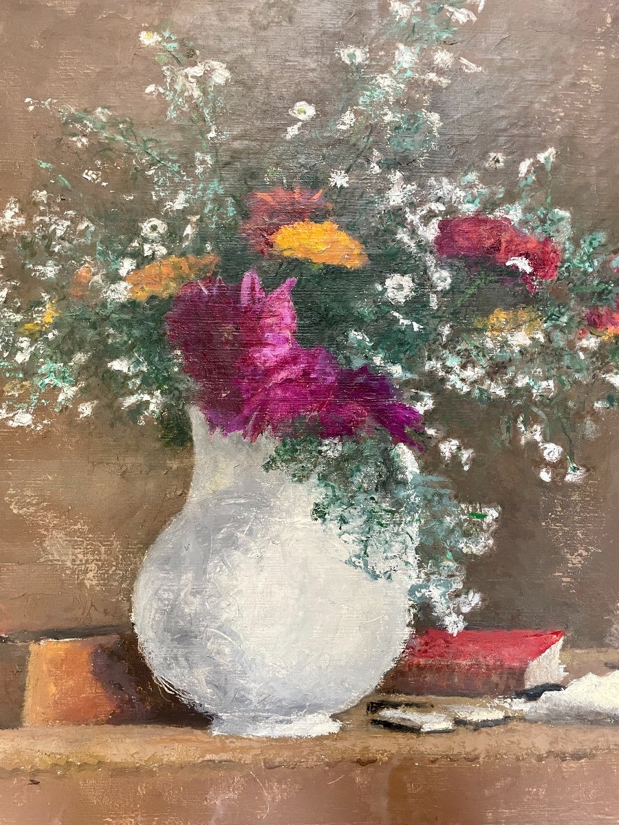 Henry Déziré - Still Life With Vase Of Flowers And Knitting.-photo-3