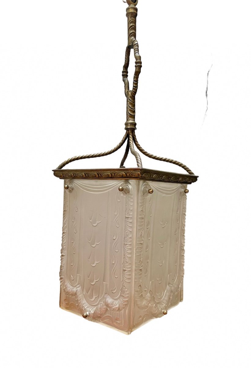 Art Deco Pendant Lamp In Pressed Molded Glass And Bronze.