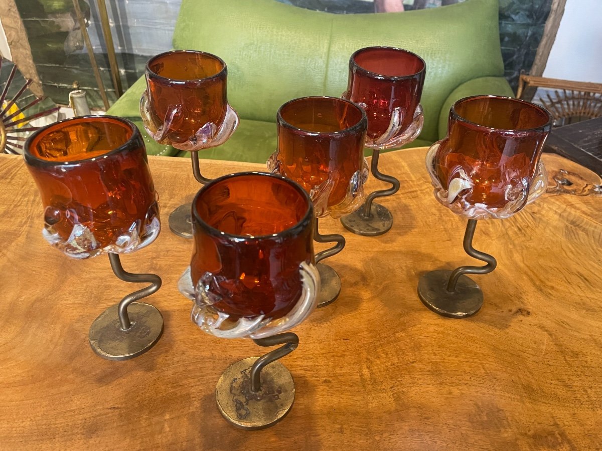 Fabienne Picaud (1959) - Suite Of Six Glass And Bronze Stemware, 1994.-photo-3