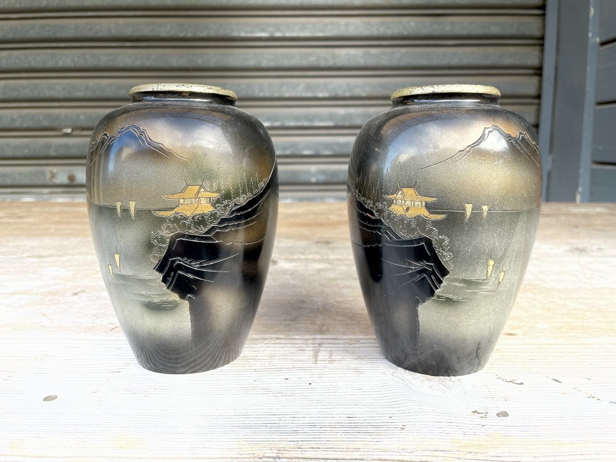 Japan - Pair Of Ovoid Vases In Patinated Bronze - Taisho Period.-photo-2