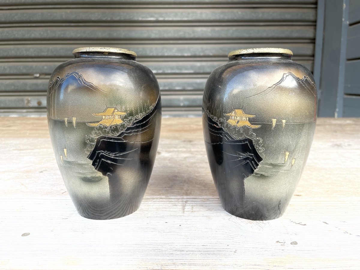 Japan - Pair Of Ovoid Vases In Patinated Bronze - Taisho Period.-photo-3
