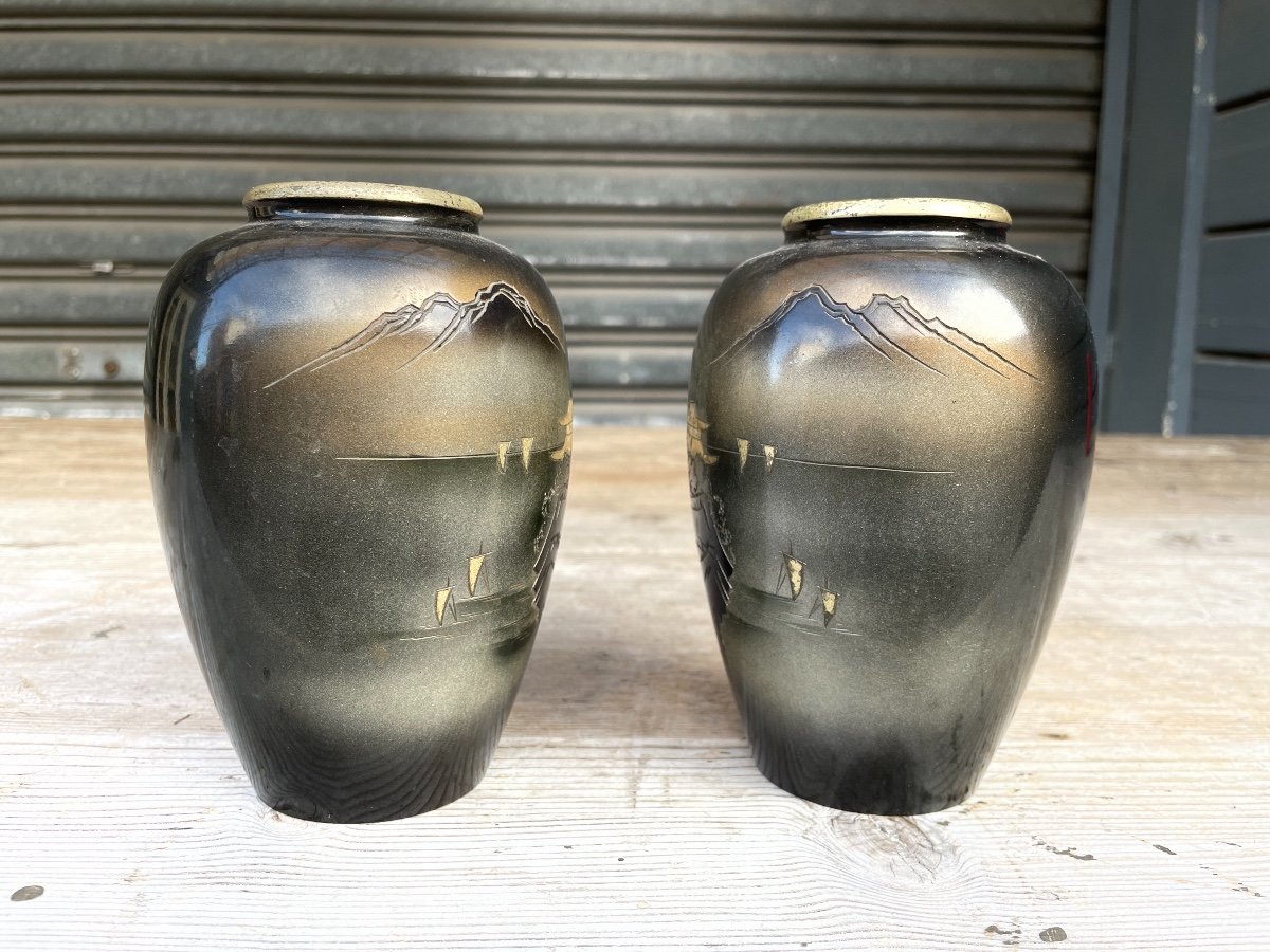 Japan - Pair Of Ovoid Vases In Patinated Bronze - Taisho Period.-photo-4